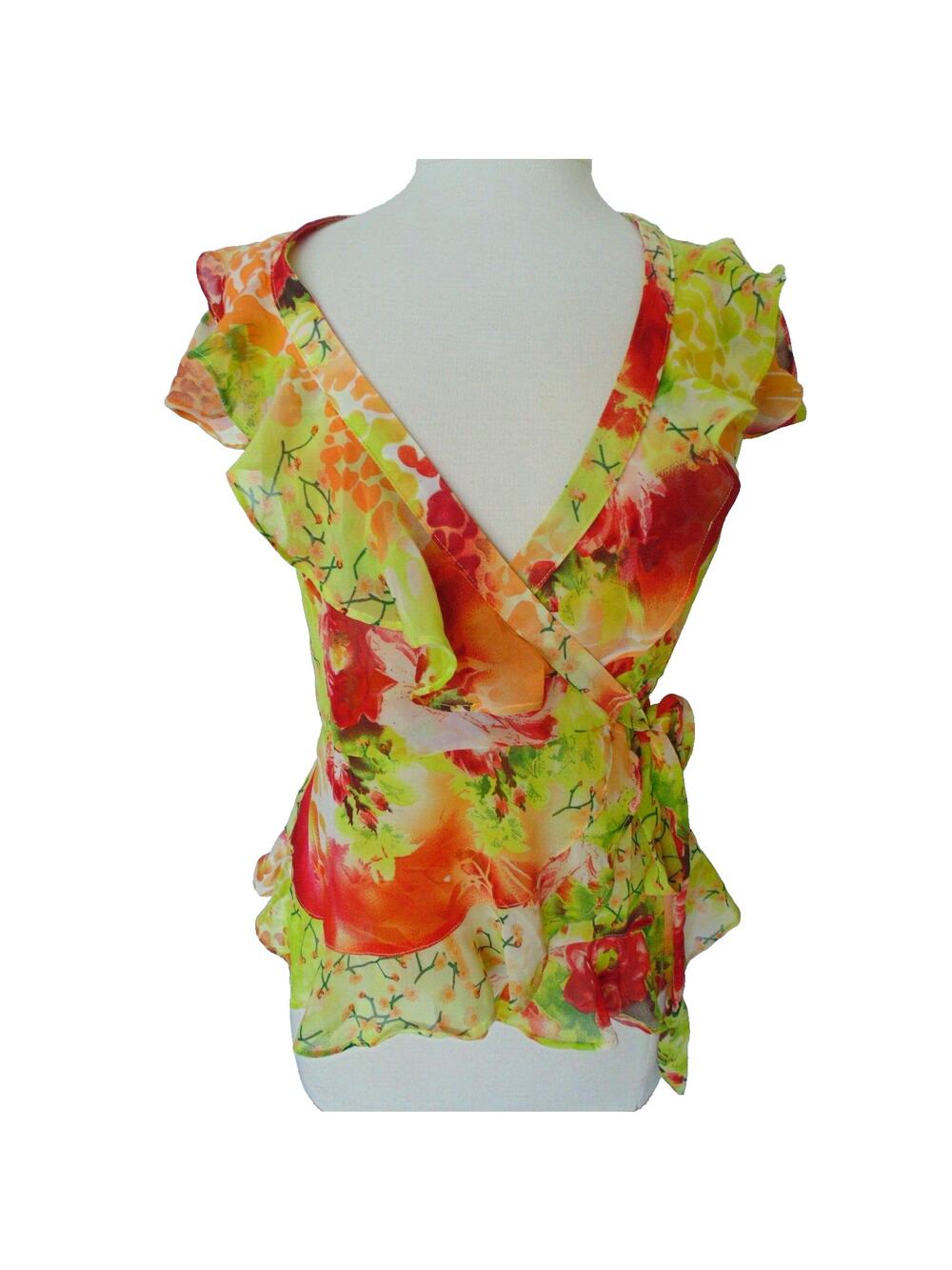 Vtg Downeast Womens S Romantic Ruffled Chiffon Rave Floral Wrap Top Peplum